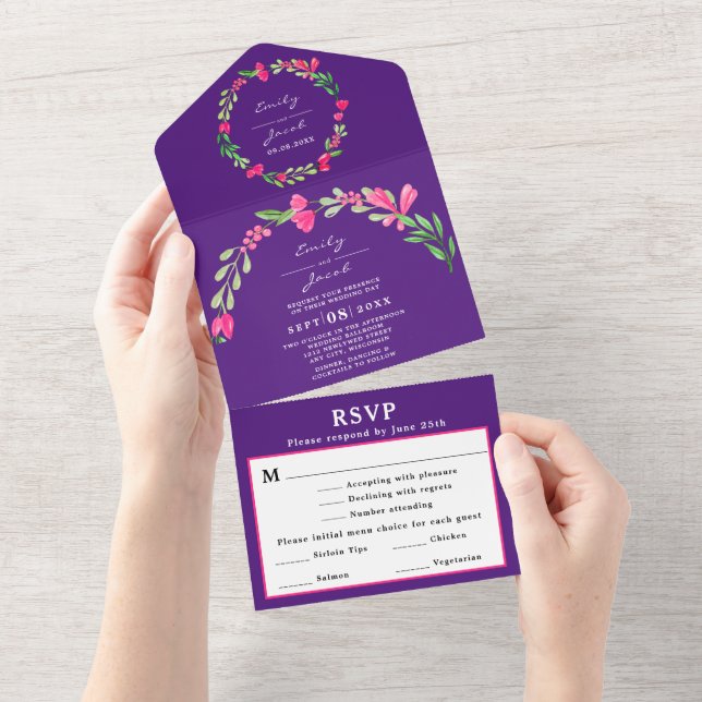 Elegant Rosa Blommig Grönska Lila Bröllop RSVP (Avrivbar del)