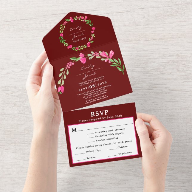 Elegant Rosa Blommig Grönska Mörkröd Bröllop RSVP (Avrivbar del)