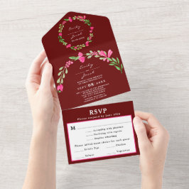 Elegant Rosa Blommig Grönska Mörkröd Bröllop RSVP