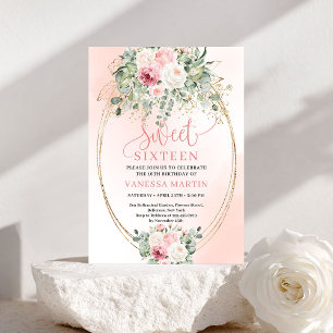 Elegant Rosa Blommig Grönska Sweet 16 Inbjudan