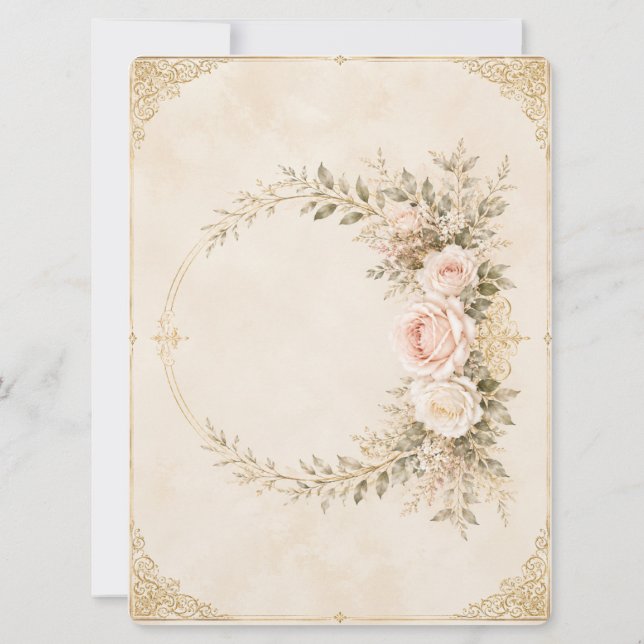 Elegant Rosa Blommig Guld Bröllopsinbjudan | (Baksida)