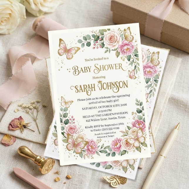 Elegant Rosa Blommig & Guld Fjäril  Barnkalas  Inbjudningar (Skapare uppladdad)