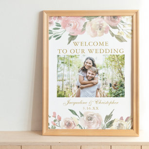 Elegant Rosa Blommig Guld Foto Bröllopsvälkomst Poster