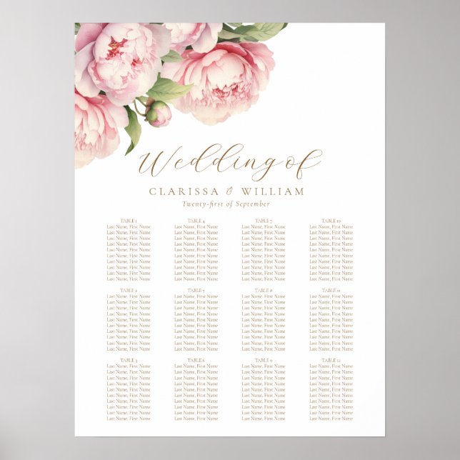 Elegant Rosa Blommig Guld Vit Bröllopsplacering  Poster (Framsidan)