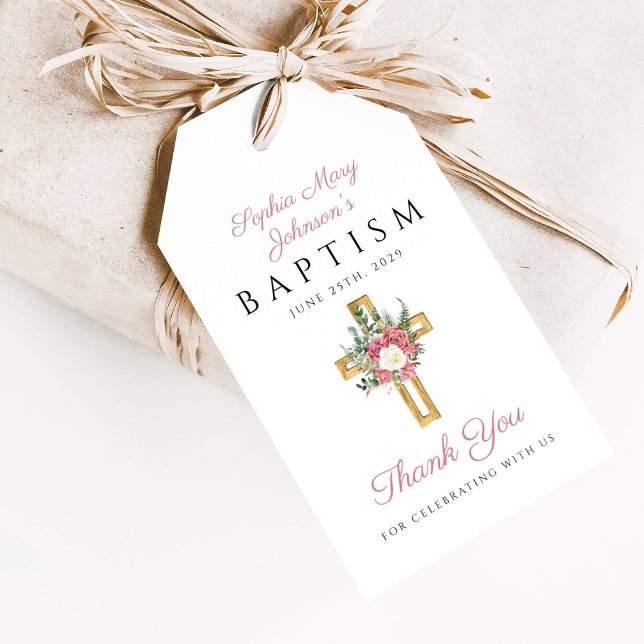 Elegant Rosa Blommig Kors Flicka Dop Presentetikett (Elegant Pink Floral Cross Girl Baptism Gift Tags)