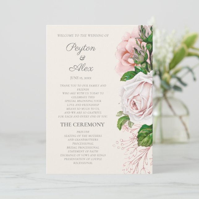 Elegant Rosa Blommig Krämfärgad Bröllopsprogram Program (Stående Fram)