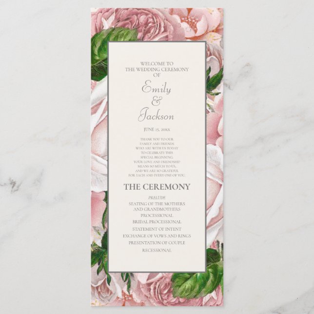 Elegant Rosa Blommig Krämfärgad Bröllopsprogram Program (Framsida)