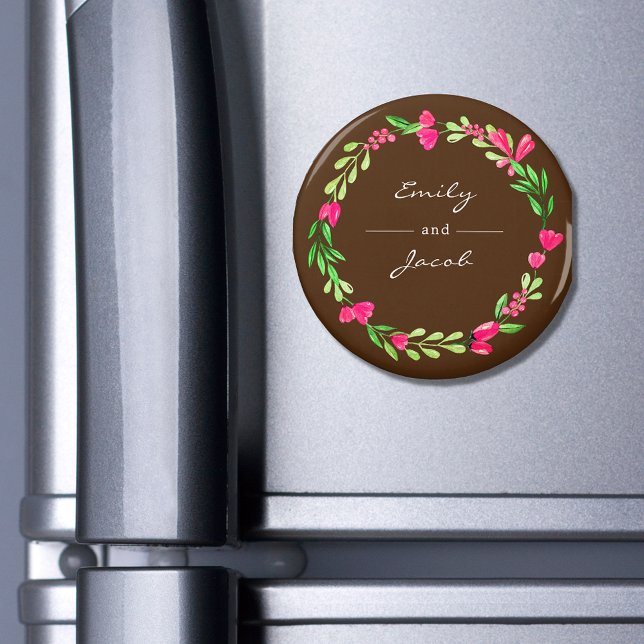 Elegant Rosa Blommig Krans Brun Namn på Par Magnet (Skapare uppladdad)