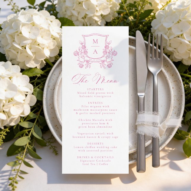 Elegant Rosa Blommig Krön Monogram Bröllop Meny (Skapare uppladdad)