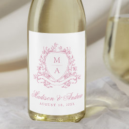 Elegant Rosa Blommig Krön Monogram Bröllop Vinflaska Etikett
