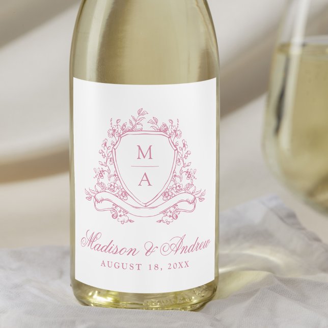 Elegant Rosa Blommig Krön Monogram Bröllop Vinflaska Etikett (Skapare uppladdad)