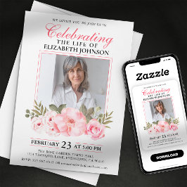 Elegant Rosa Blommig Livscelebration Minneshögtid Inbjudningar