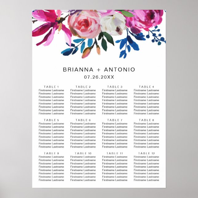 Elegant Rosa Blommig Modern Bröllopsställningskart Poster (Framsidan)