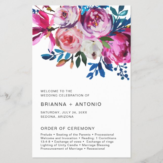 Elegant Rosa Blommig Modern Budget Bröllopsprogram (Framsidan)