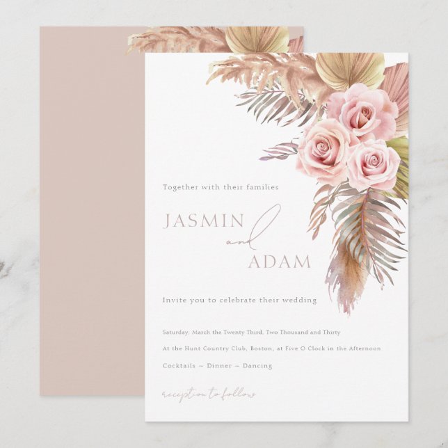 Elegant Rosa Blommig Monogram Bröllop Inbjudningar (Fram/baksida)