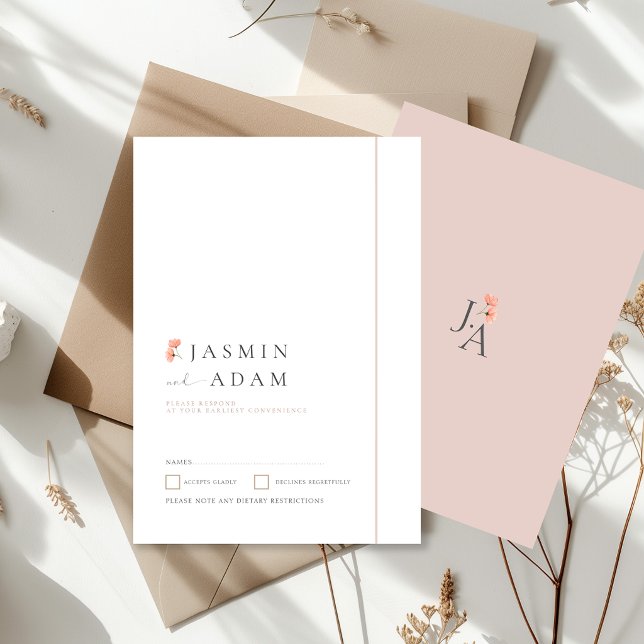 Elegant Rosa Blommig Monogram Bröllop RSVP OSA Kort (Elegant Blush Floral Wedding RSVP Card)