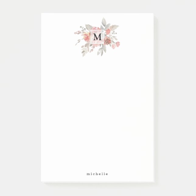 Elegant Rosa Blommig Monogram Post-it Block (Framsida)