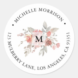 Elegant Rosa Blommig Monogram Runt Klistermärke