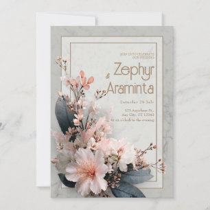 Elegant Rosa Blommig Mörkt Blad Marmor Bröllop Inbjudningar