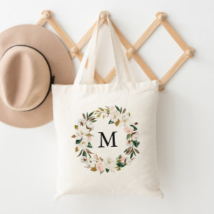 Elegant Rosa Blommig och Vit Magnolia Monogram Tygkasse