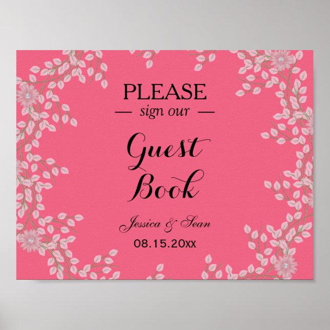 Elegant Rosa Blommig & Pärlor Bröllop Poster (Framsidan)