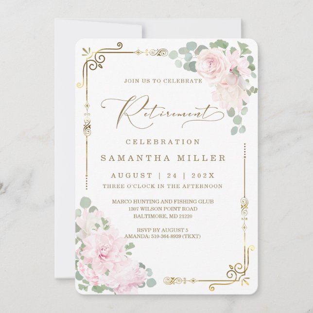 Elegant Rosa Blommig Pensionärsfest Inbjudningar (Framsida)