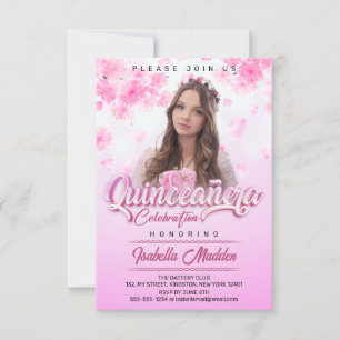 Elegant Rosa Blommig Prinsessa Quinceanera Foto Inbjudningar