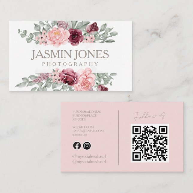Elegant Rosa Blommig QR-kod Fotografering Visitkort (Fram/baksida)