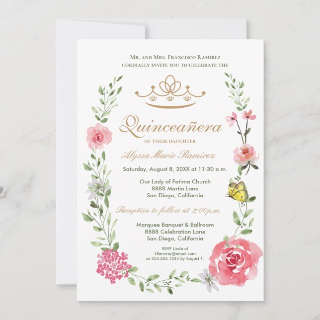 Elegant Rosa Blommig Quinceañera Diadem Inbjudningar (Framsida)