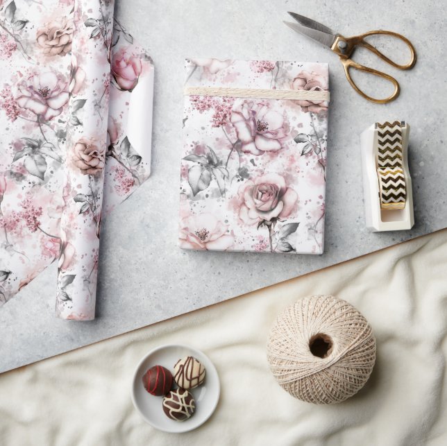 Elegant Rosa Blommig Ros Presentpapper (Hantverk)