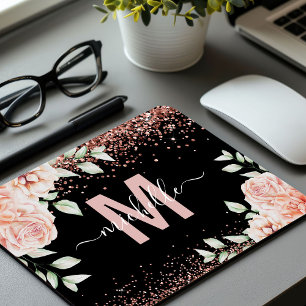 Elegant Rosa Blommig Roséguld Glitter Monogram Musmatta