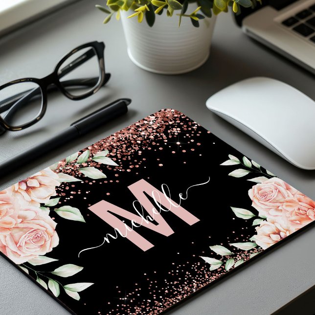 Elegant Rosa Blommig Roséguld Glitter Monogram Musmatta (Skapare uppladdad)