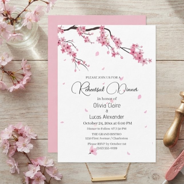 Elegant Rosa Blommig Sakura Akvarell Bröllop  Inbjudningar (Skapare uppladdad)