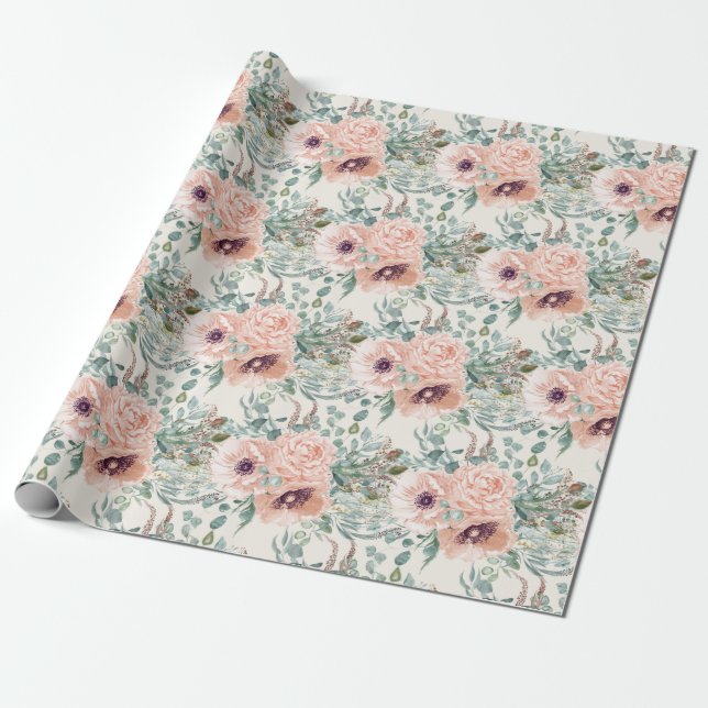 Elegant rosa blommig salvia grön bladverk  presentpapper (Utrullad)