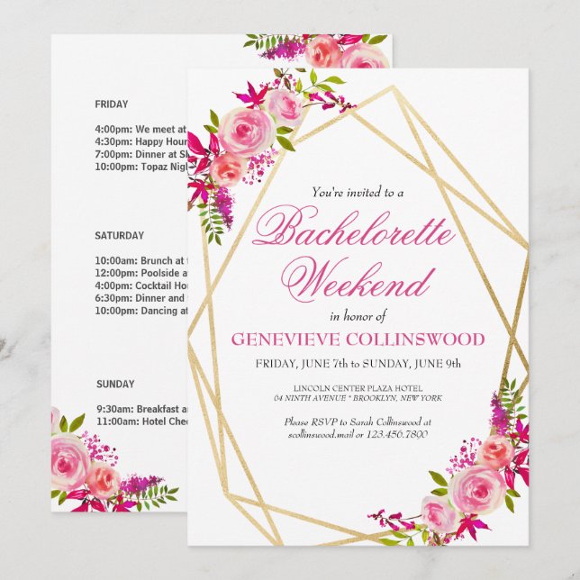 Elegant Rosa Blommig Sjungmö-helg Itinerary Inbjudningar (Fram/baksida)