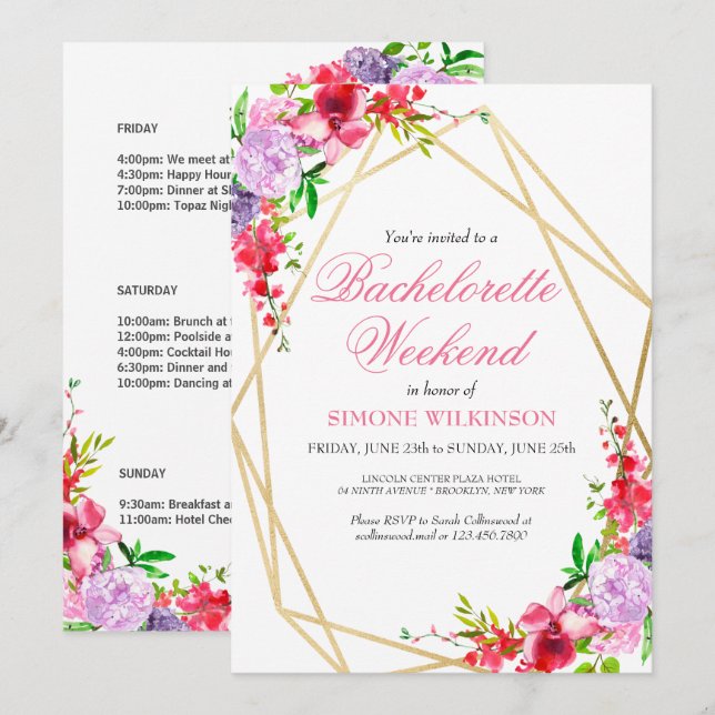 Elegant Rosa Blommig Sjungmö-helg Itinerary Inbjudningar (Fram/baksida)
