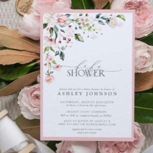 Elegant Rosa Blommig Skript Flickig Bebis Shower Inbjudningar