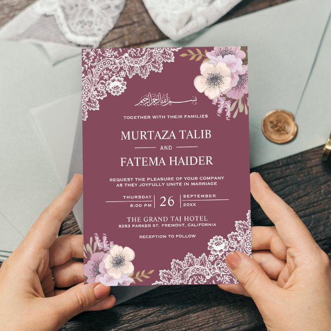 Elegant Rosa Blommig Spets Islamisk Muslimsk Bröll Inbjudningar (Skapare uppladdad)