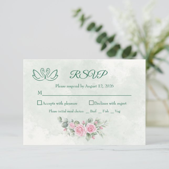 Elegant Rosa Blommig Svan Bröllops-Svarskort OSA Kort (Stående Fram)