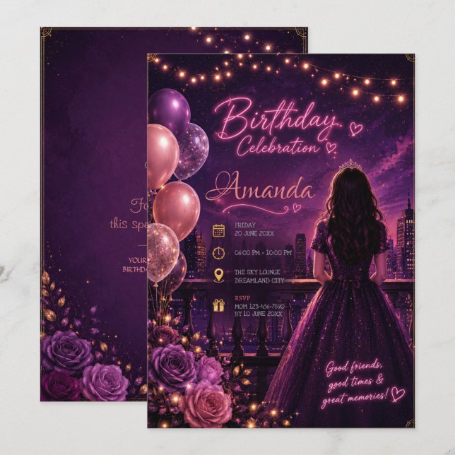 Elegant Rosa Blommig Sweet 16 Födelsedag  Inbjudningar (Fram/baksida)