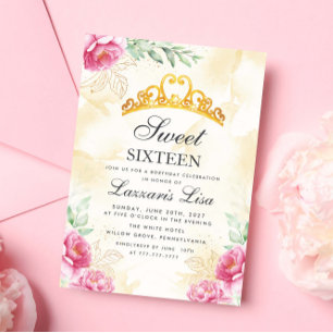 Elegant Rosa Blommig Sweet Sixteen Guld Födelsedag Inbjudningar