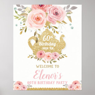 Elegant Rosa Blommig Tekalas Födelsedagsvälkomst Poster
