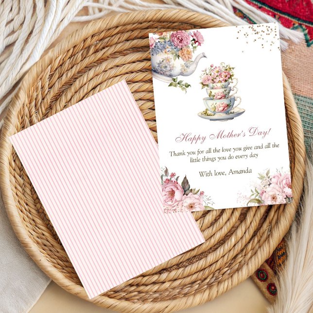 Elegant Rosa Blommig Tekop Mors Dag Kort (Elegant Pink Floral Tea Party Mother’s Day Card)