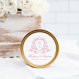 Elegant Rosa Blommig Vapen Monogram Bröllop Runt Klistermärke