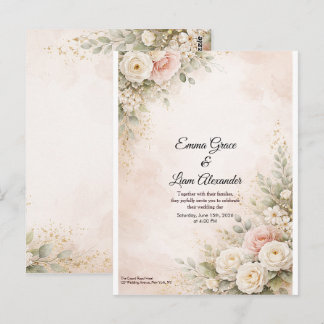 Elegant Rosa Blommig Watercolor Bröllop Vykort