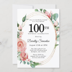 Elegant Rosa Blommigt 100:e Födelsedagsfesten Inbjudningar