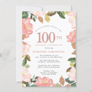 Elegant Rosa Blommigt 100:e födelsedagsinbjudan Inbjudningar