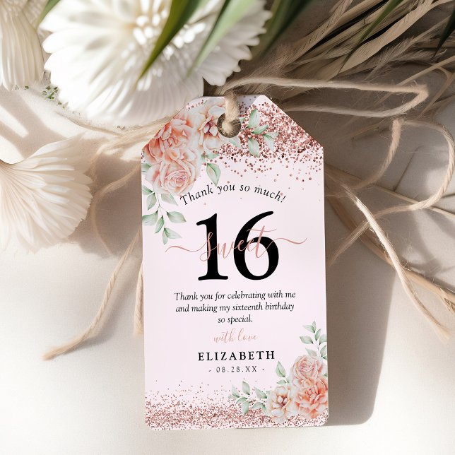 Elegant Rosa Blommigt 16:e Tacken på födelsedagen Presentetikett (Skapare uppladdad)