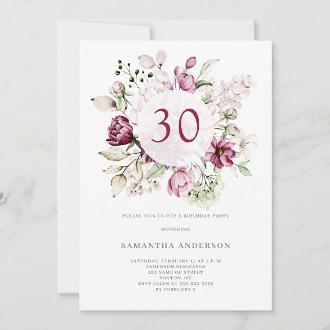 Elegant Rosa Blommigt 30års födelsedag Party Inbjudningar (Framsida)