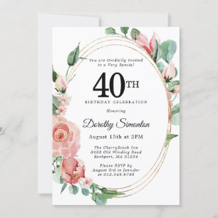 Elegant Rosa Blommigt 40:e födelsedag Party Inbjudningar